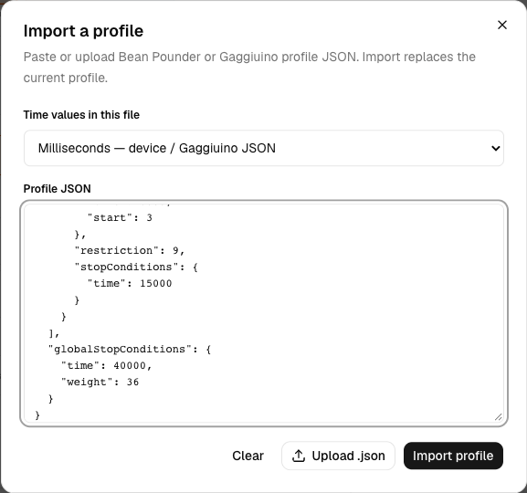 Web import dialog with time units, JSON contents, Upload .json, and Import profile