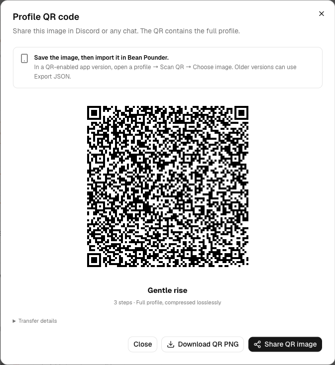 Profile QR dialog for Gentle rise with Share QR image and Download QR PNG